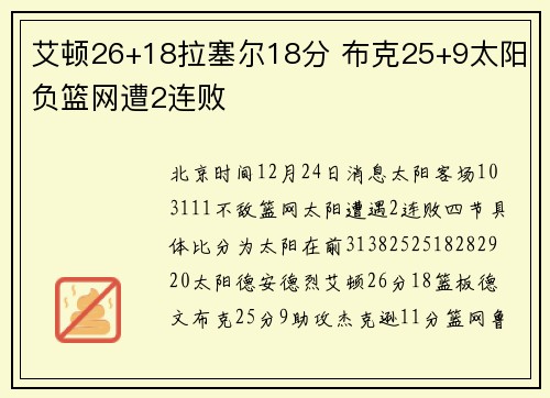 艾顿26+18拉塞尔18分 布克25+9太阳负篮网遭2连败